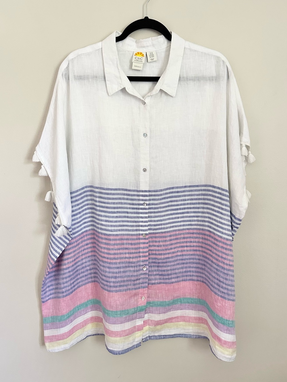 C&C California Linen Top Tassel Button Front Tunic 2X Beach Cover Up Oversized